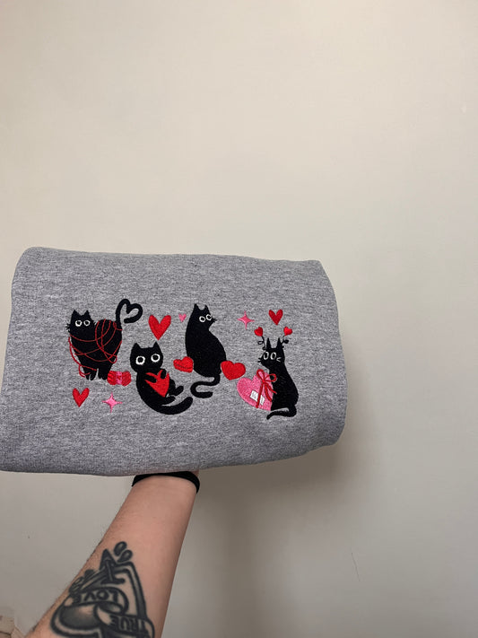 Valentine Cats Embroidered Sweatshirt