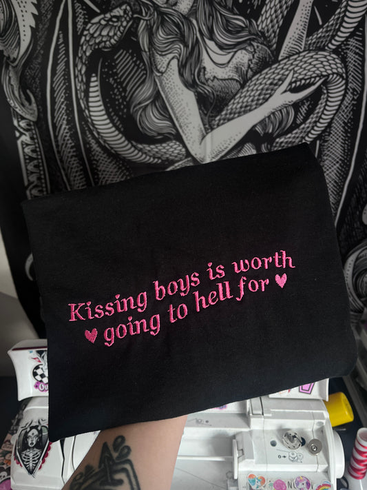 Kissing Boys Is Worth Going To Hell For Embroidered Tee