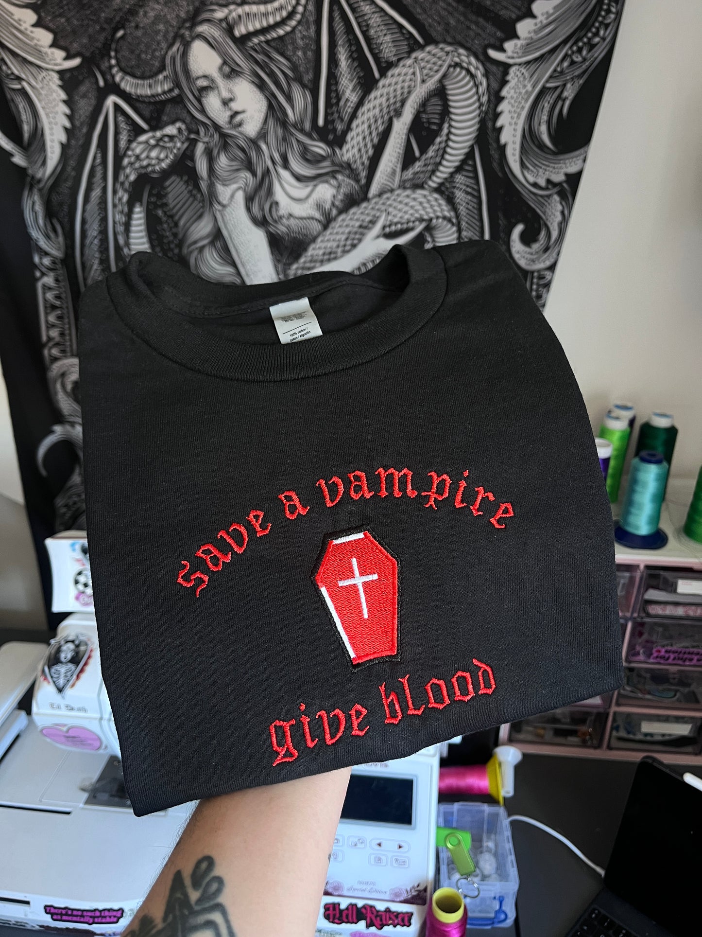 Save A Vampire Give Blood Embroidered Sweatshirt / T-Shirt