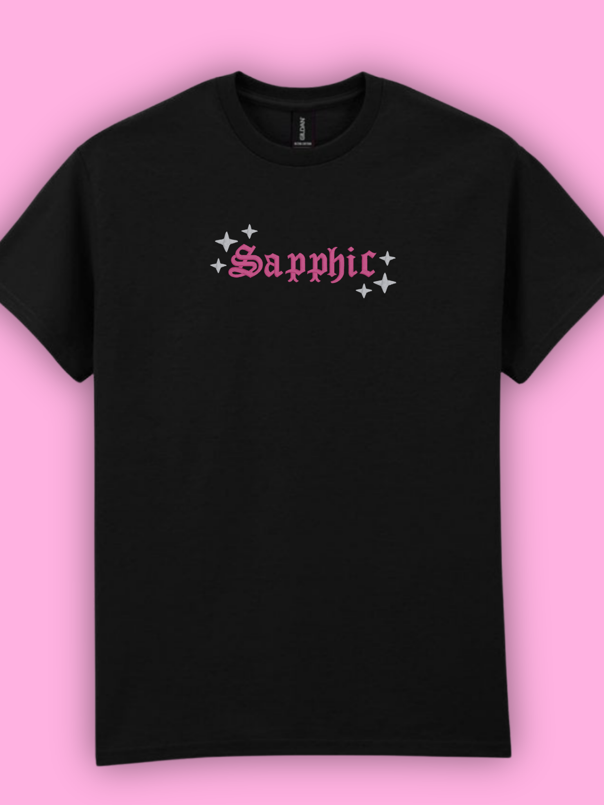 Black t-shirt with 'Sapphic' text embroidered in the centre