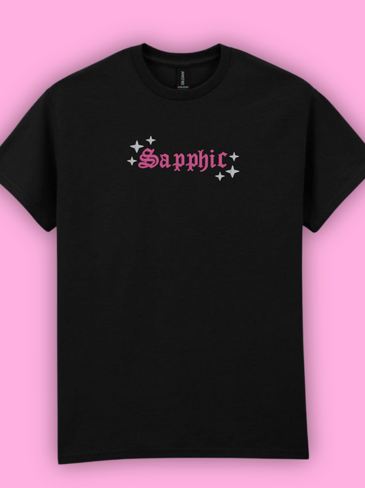 Black t-shirt with 'Sapphic' text embroidered in the centre
