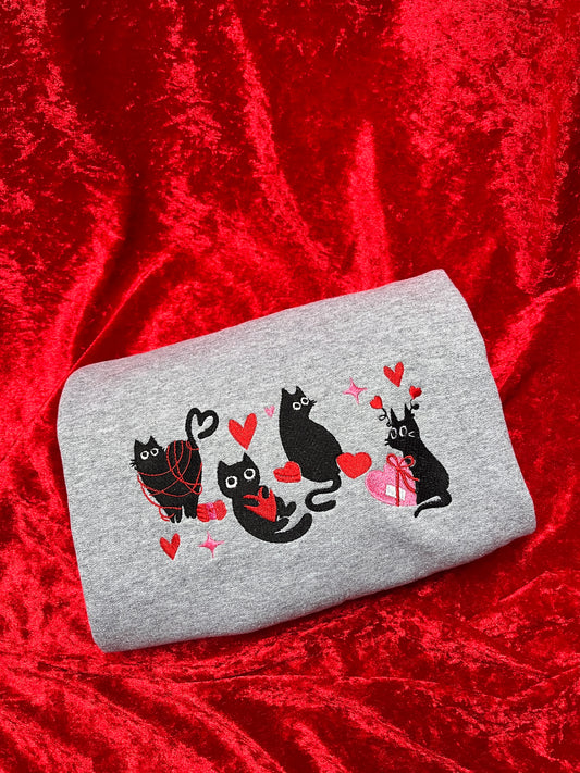 Valentine Cats Embroidered Sweatshirt