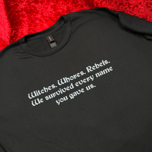 Witches. Whores. Rebels. We Survived Every Name You Gave Us Embroidered T-Shirt